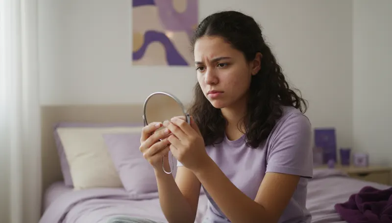 Adolescente con acné mirándose en un espejo en su cuarto